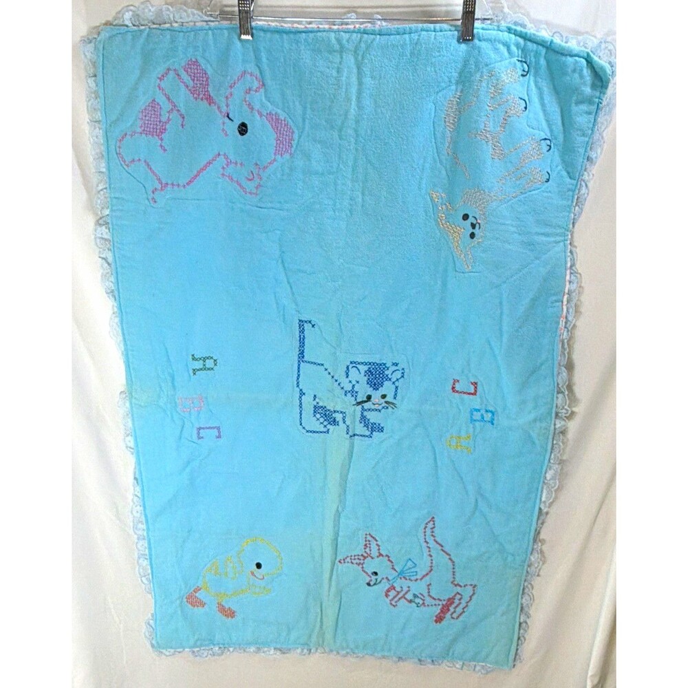 Vintage Handmade Blue & White Embroidered Animals Crib Quilt Baby Blanket